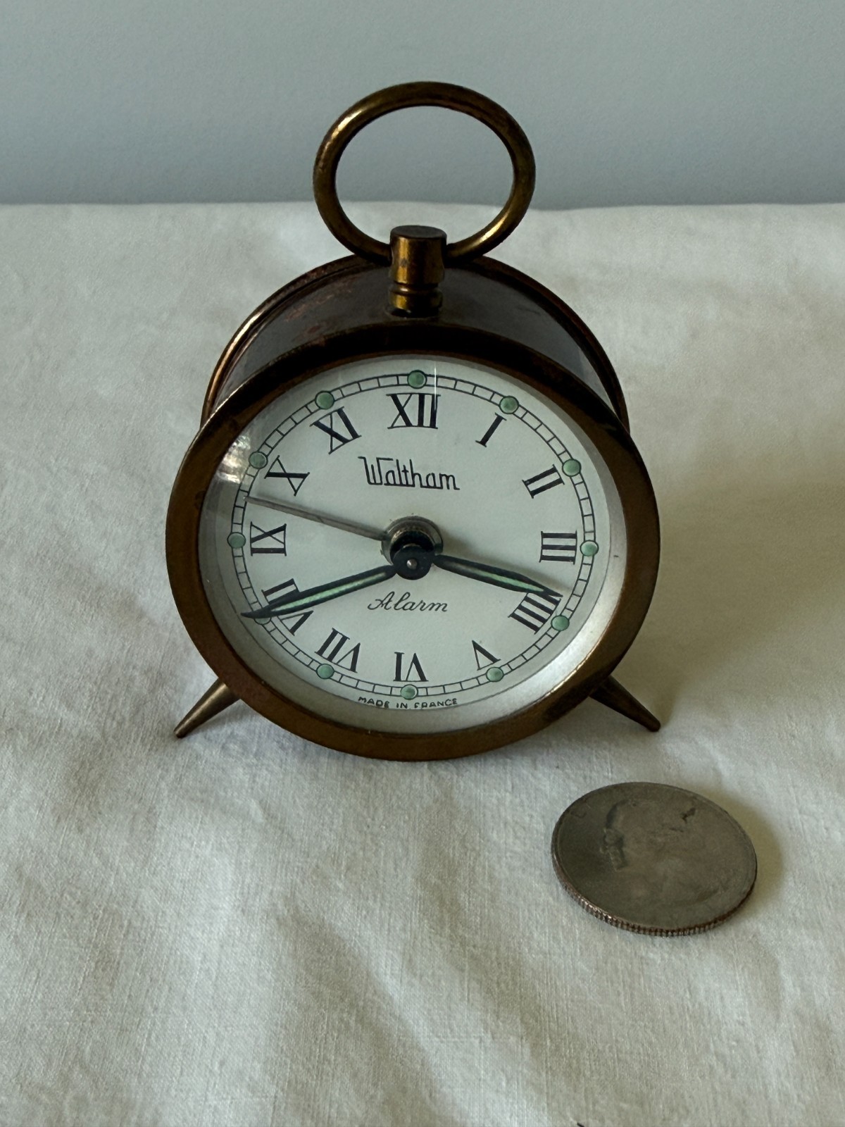 Early 1900's Antique Waltham Alarm Clock, Petite, Made In France WORKS