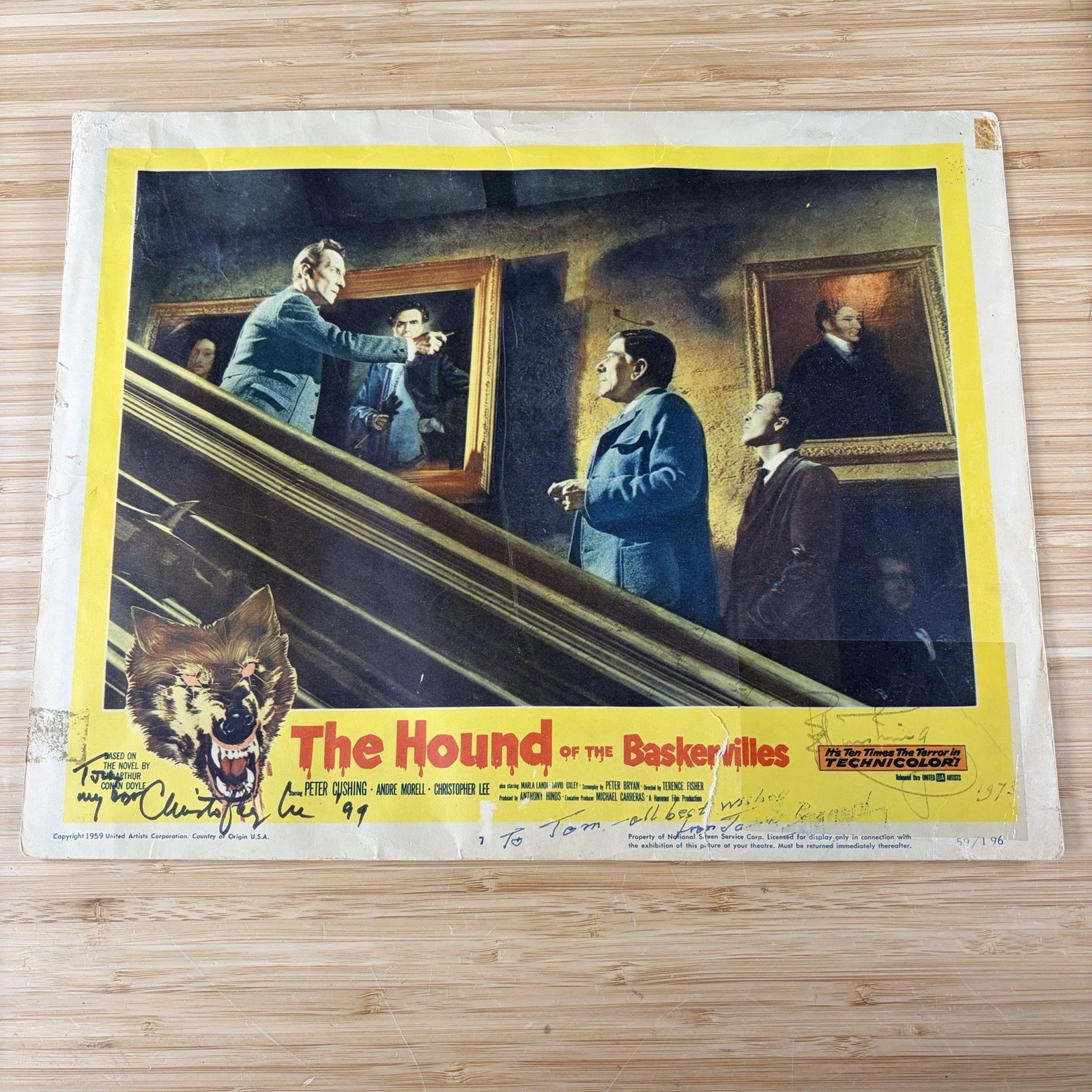 The Hound of the Baskervilles 1959 Lobby Card Signed Christopher Lee, Cushing, +