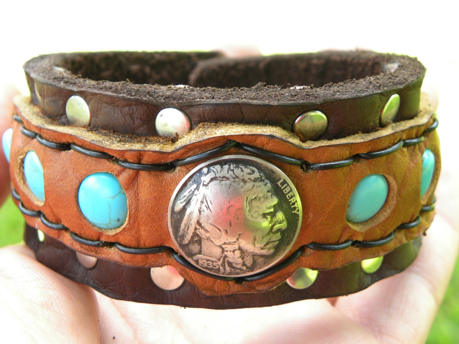 Authentic 1935 Buffalo Indian Nickel coin cuff bracelet Bison leather adjustable