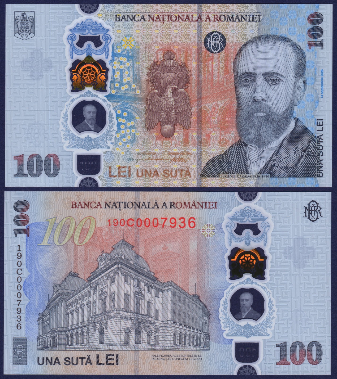 ROMANIA - P128 - 100 Lei - POLYMER Commemorative Carada 2026 - UNC + Folder