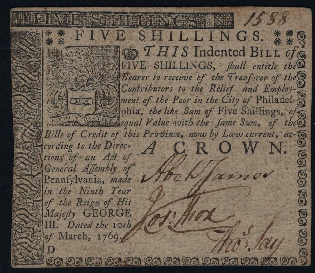 1769 Pennsylvania 5s PA-142 PMG AU53 Finest Known Bettering House Census Note