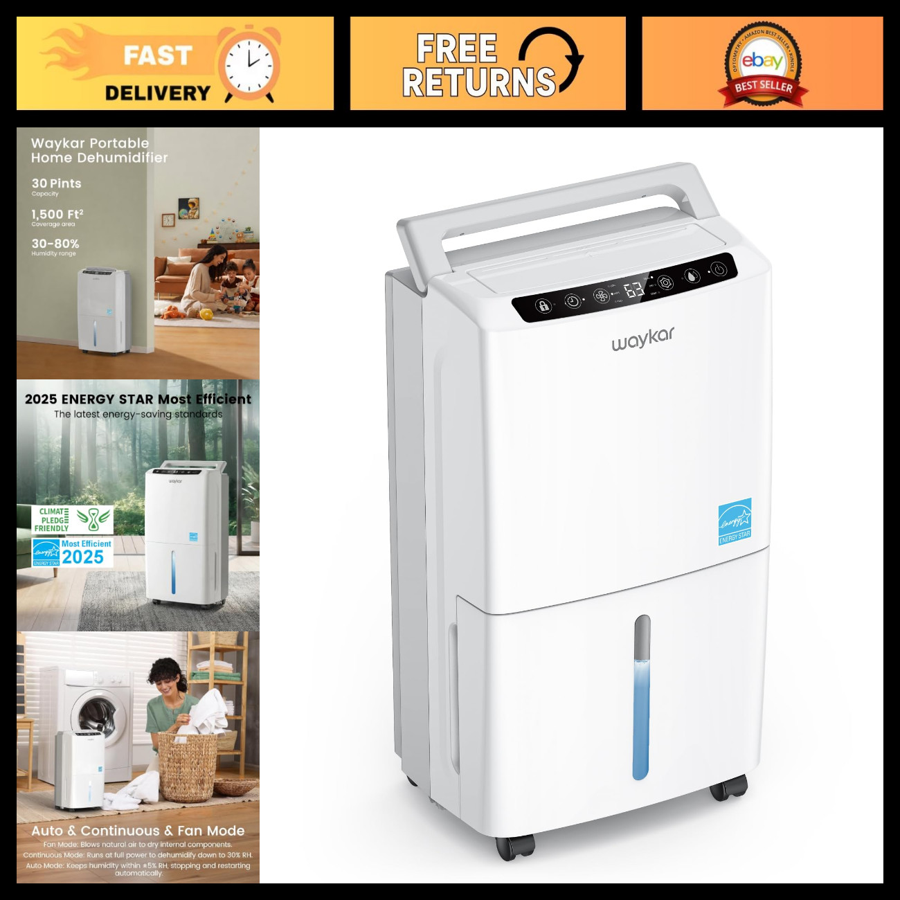 1500 Sq. Ft Energy Star Dehumidifier, 30 Pints, Auto/Manual Drain, 0.62 Gal Tank