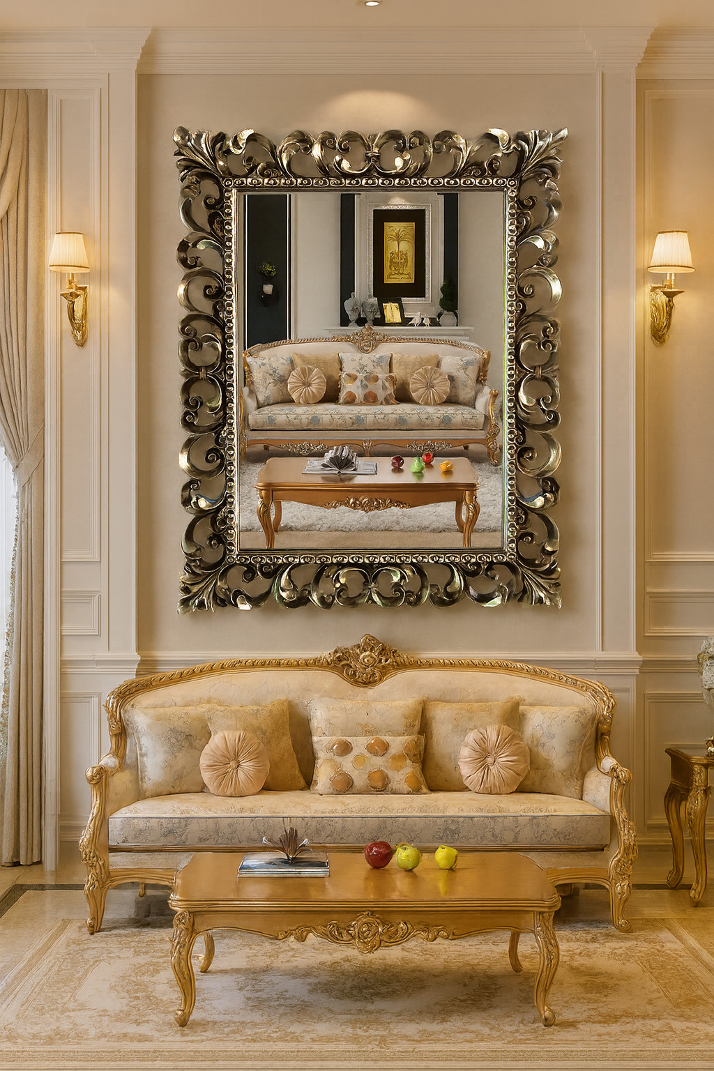 Ornate Hand-Carved Silver Accent Wall Mirror – Solid Wood and Resin Frame