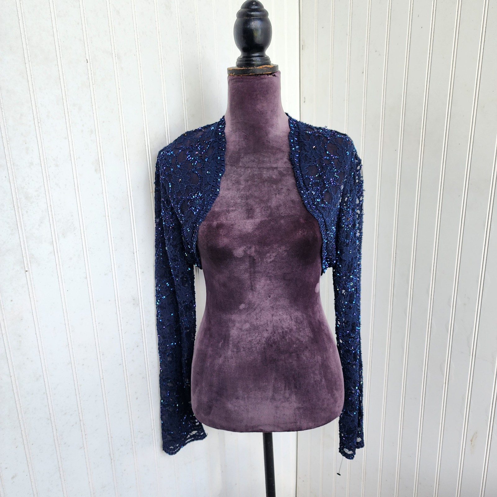 JS Boutique Shrug Navy Blue Open Front Bolero Jacket Cocktail Long Sleeve Bead L