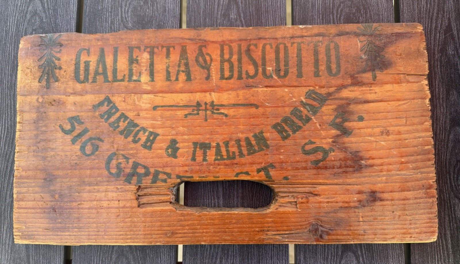Early 20th Century Crate Panel. Galetta & Biscotto 516 Green St San Francisco