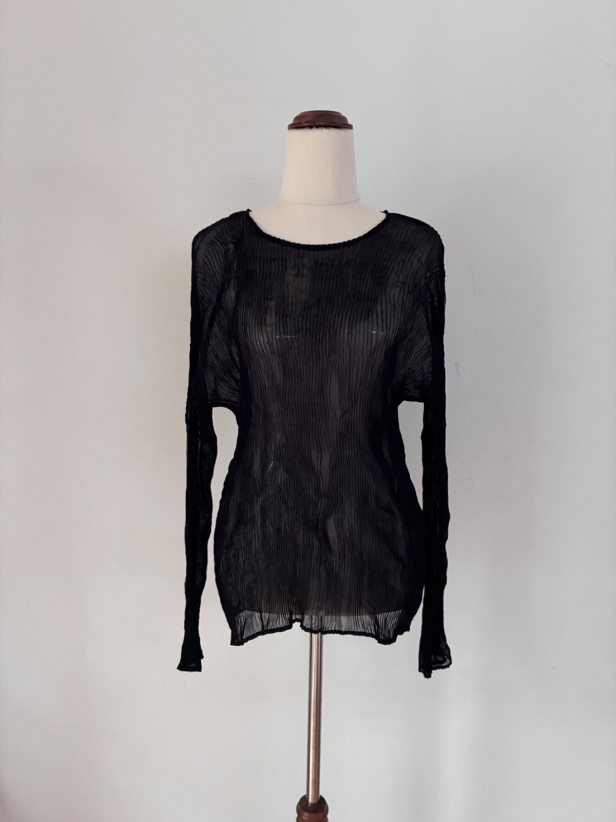 ISSEY MIYAKE Black Sheer Pleated Long Sleeve Top Vintage Japan