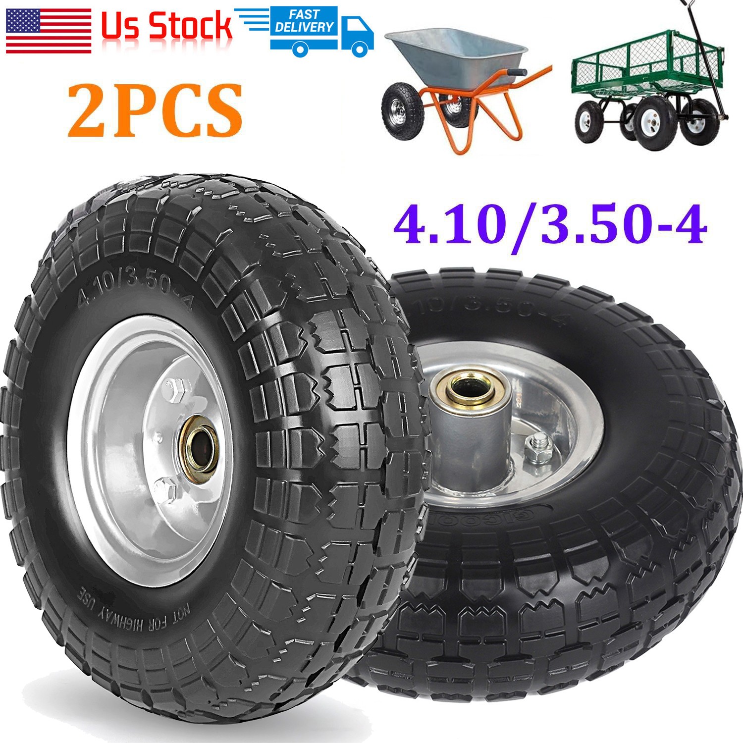 2PCS Upgrade 4.10/3.50-4 Flat Free Solid Rubber Tire and Wheel, 10