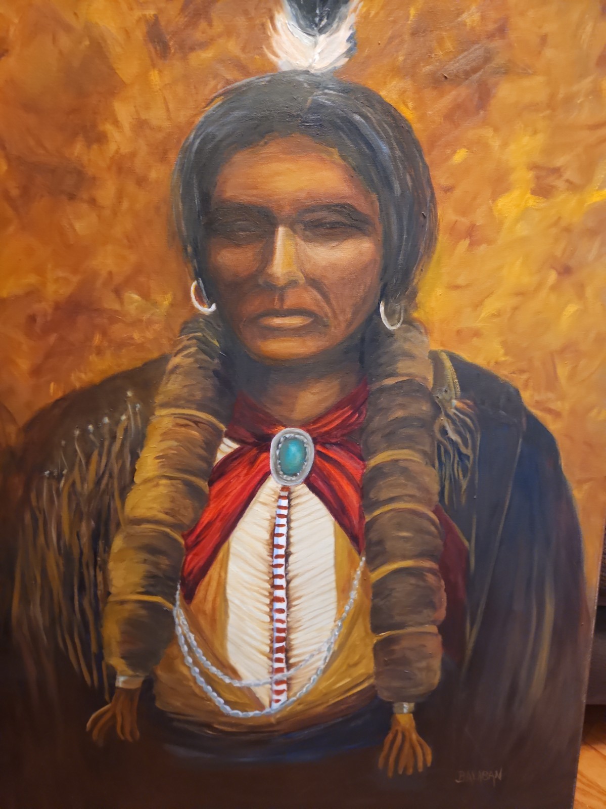 Large Original Oil On Canvas Native American Indian Painted By BALIBAN