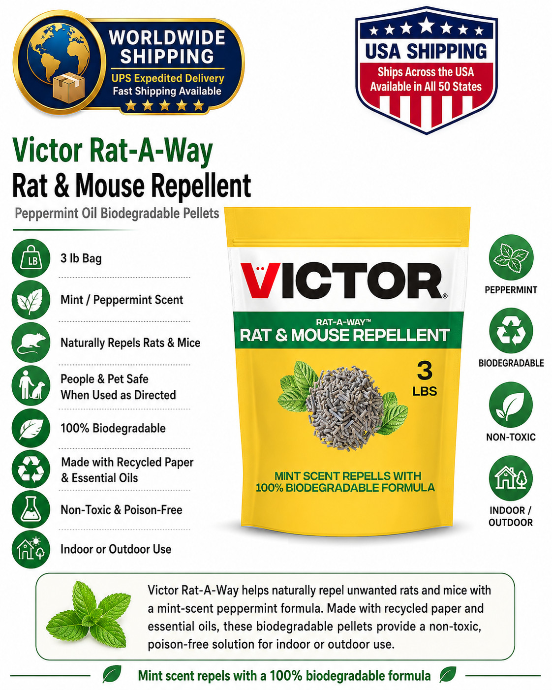Victor Rat-A-Way Rat & Mouse Natural Non-Toxic &Poison Free 3lb Bag Ready to use