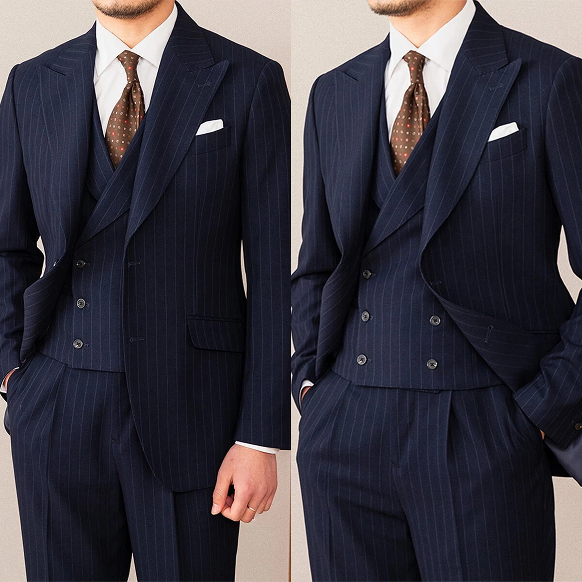 Navy Blue Pinstripe Men Suit Waistcoat 3 Piece Business Wedding Groom Formal