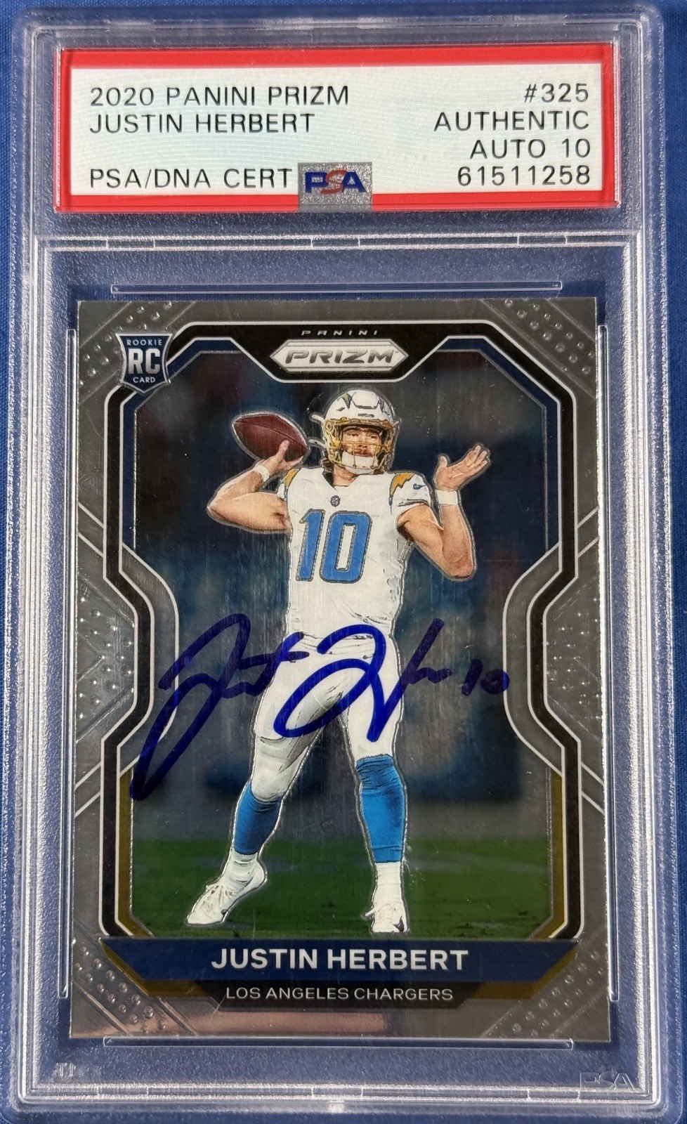 Justin Herbert 2020 Panini Prizm Football RC Card #325 - PSA/DNA Auto 10 (Blue)