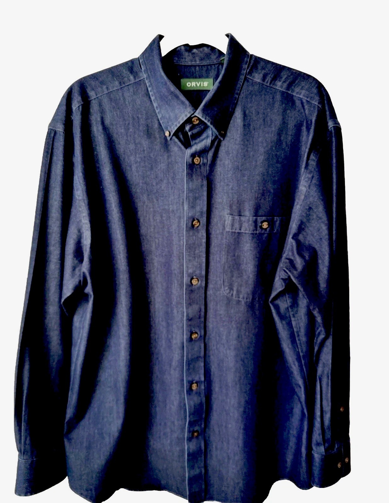 Orvis Men\'s Large Blue 100% Cotton Shirt Denim Button Down. Excellent Condition.
