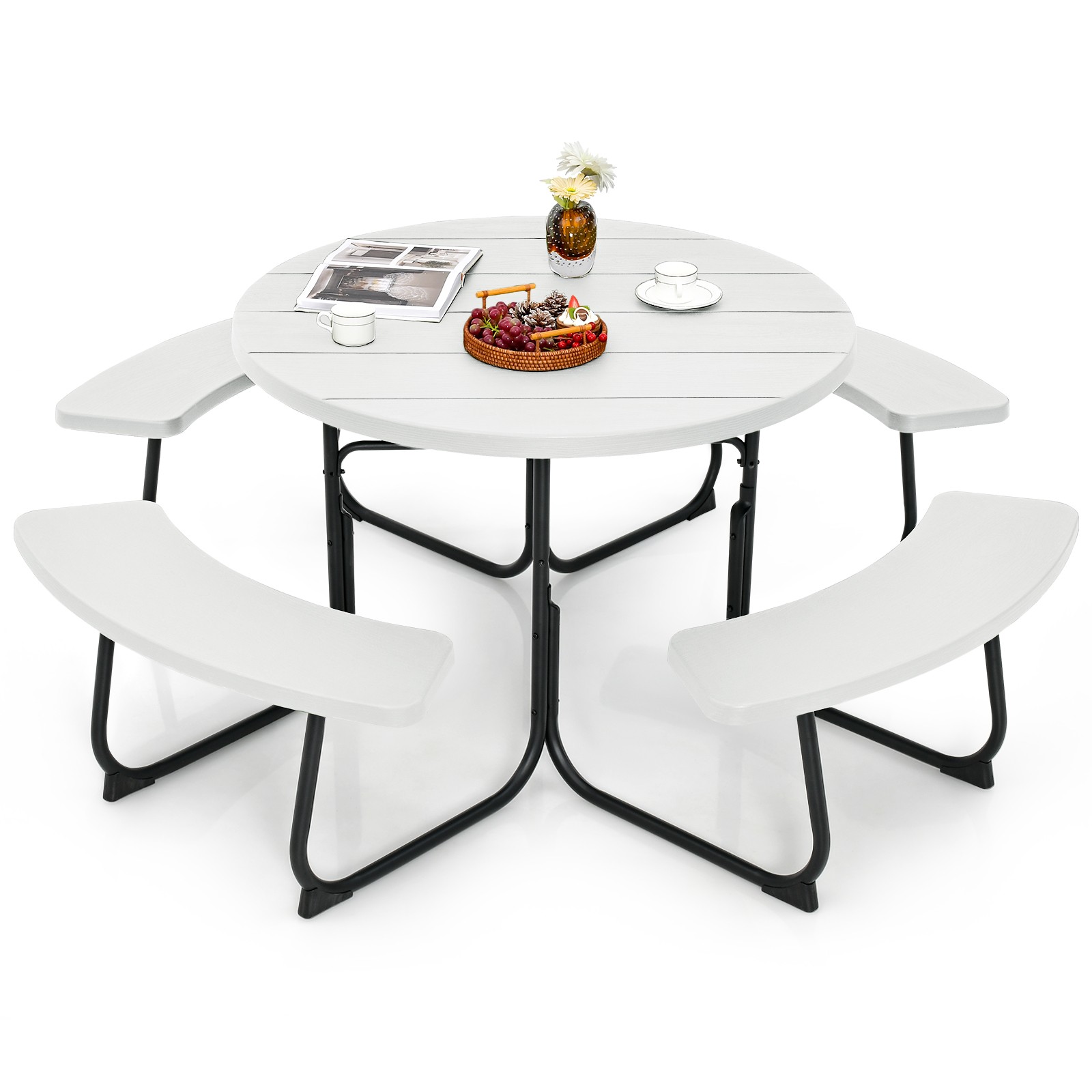 Outdoor 8-person Round Picnic Table Bench Set w/ 4 Benches & Umbrella Hole White