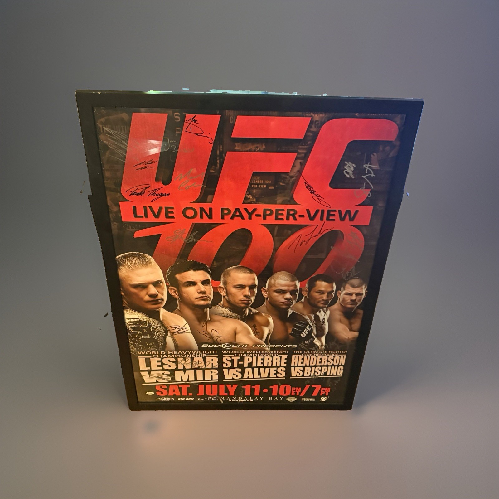 UFC 100 Poster Autographed Brock Lesner Jon Jones GSP Frank Mir FRAMED RARE JSA