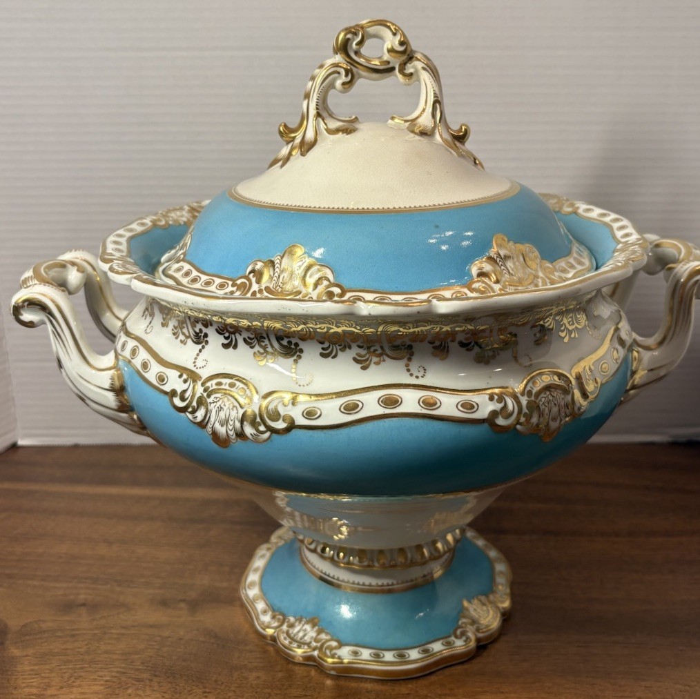 Antique Chamberlain Worcester Celeste Blue Gilded 24ct 1846 Large Tureen