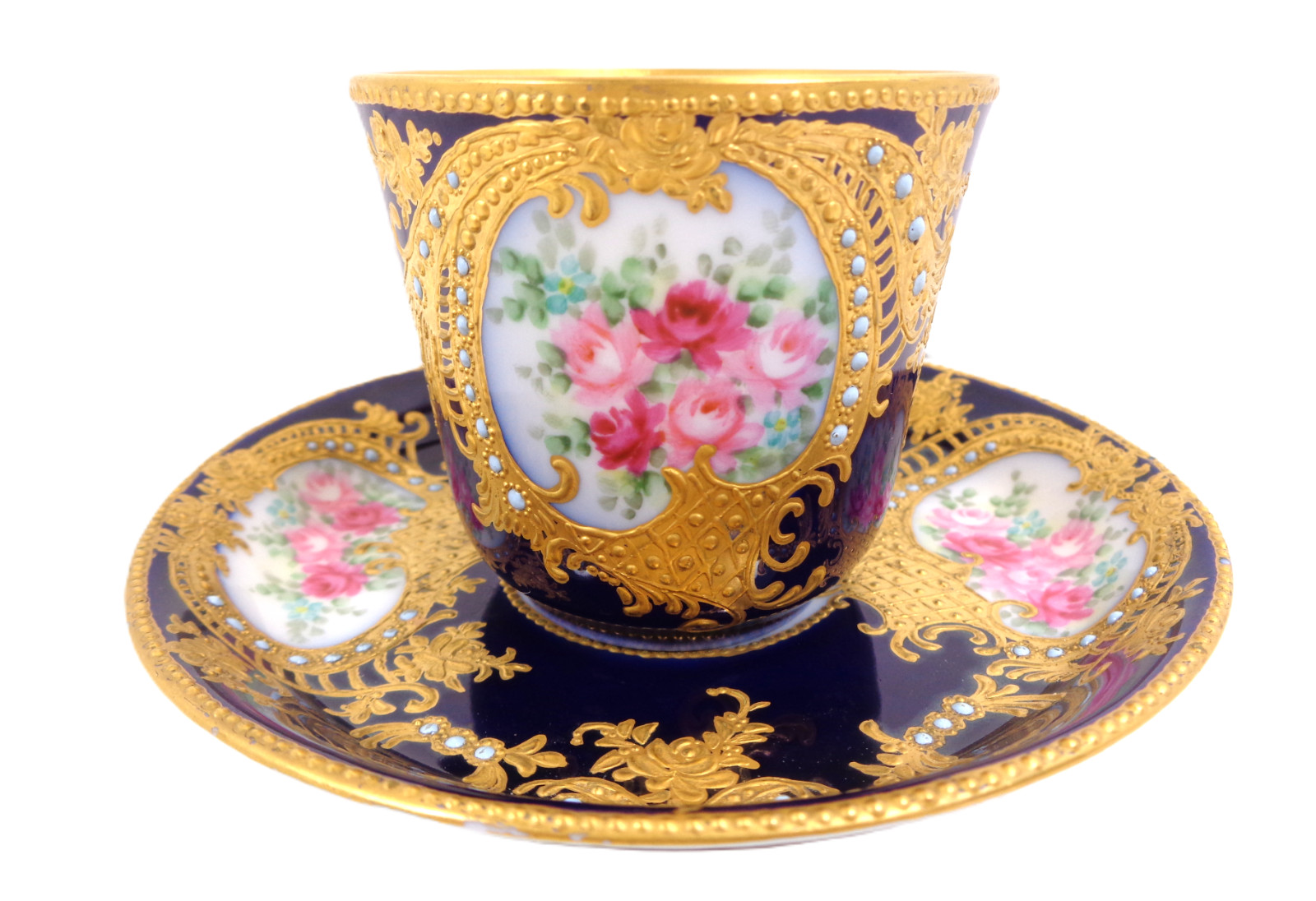 William Guerin Limoges Jeweled Antique Cobalt Cup Saucer Hand Painted Roses