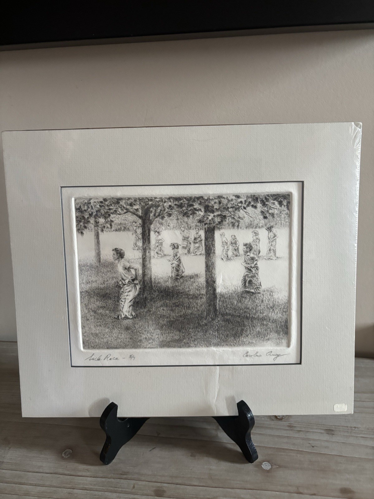 Drypoint Etching “Sack Race” by Caroline Erney Original Drawing Signed Art