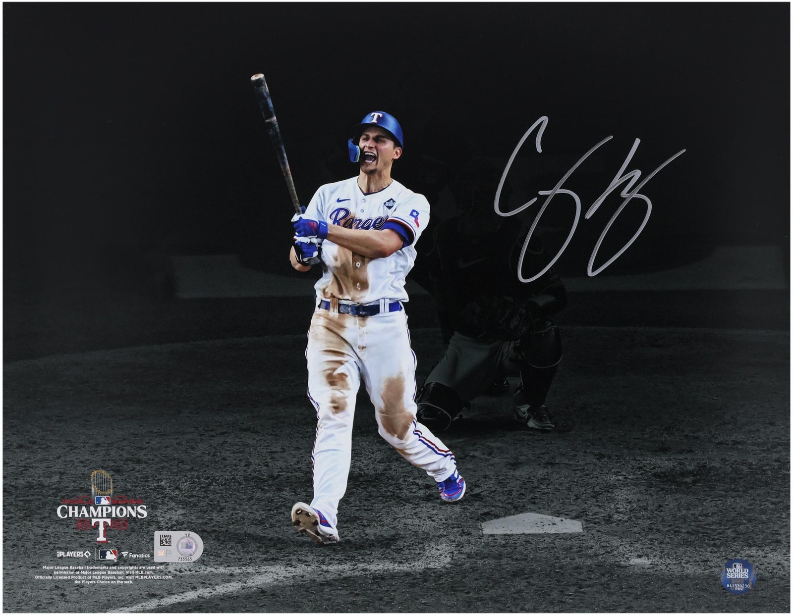 Corey Seager Rangers 2023 World Series Champs Signed 11x14 Hit Spotlight Photo Corey Seager Rangers 2023 World Series Champs Signed 11x14 Hit Spotlight Photo