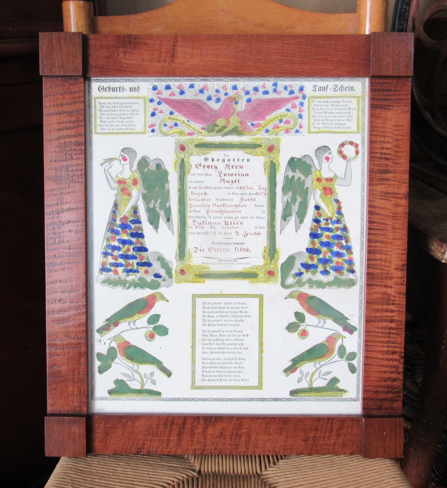 Antique 1854 Penn German Fraktur Birth Baptism Hand Painted Custom Frame HISTORY Antique 1854 Penn German Fraktur Birth Baptism Hand Painted Custom Frame HISTORY