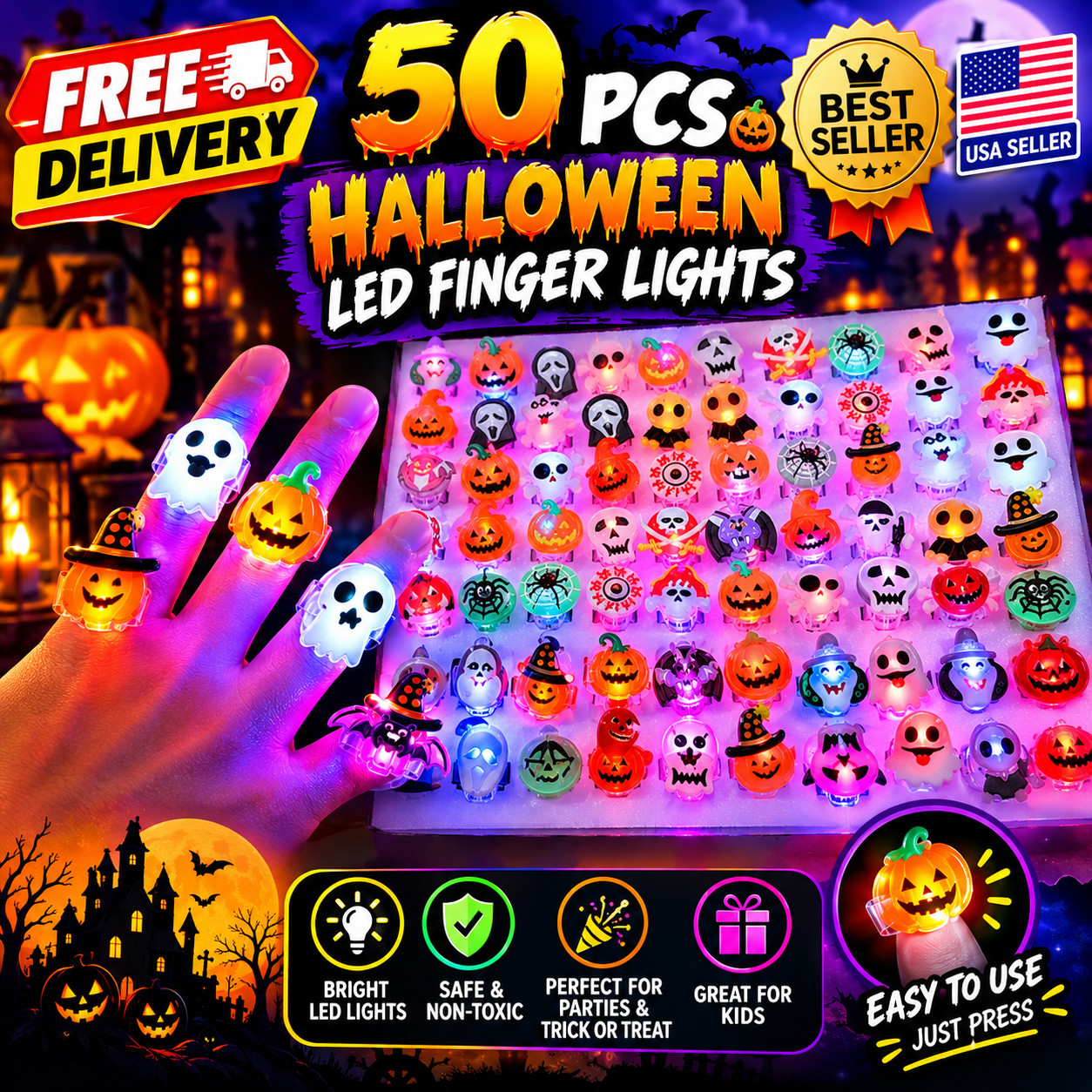 Gavoyeat Halloween Light Up Rings 50Pcs LED Glowing Party Favors for Kids
