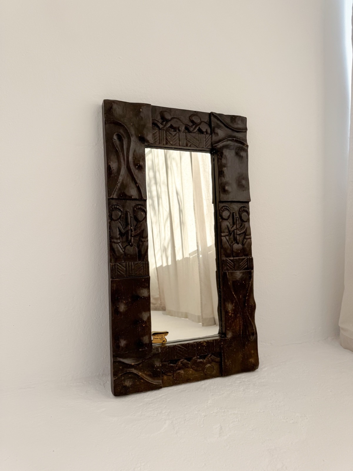 Vintage French Hand Carved Primitive Wooden Wall Mirror