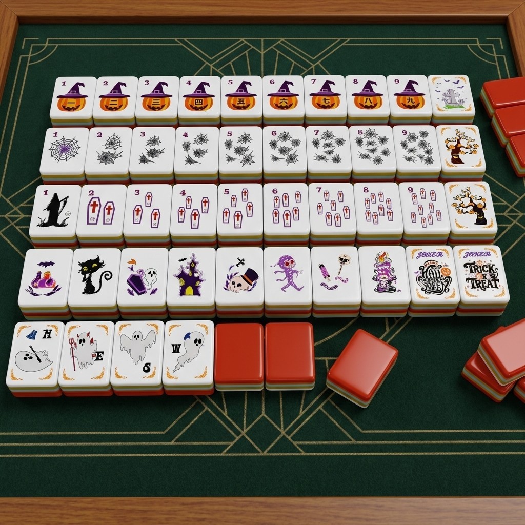 Spooky Halloween Mahjong Tile Set Pumpkin Jack O Lantern Tri Layer Orange Tiles