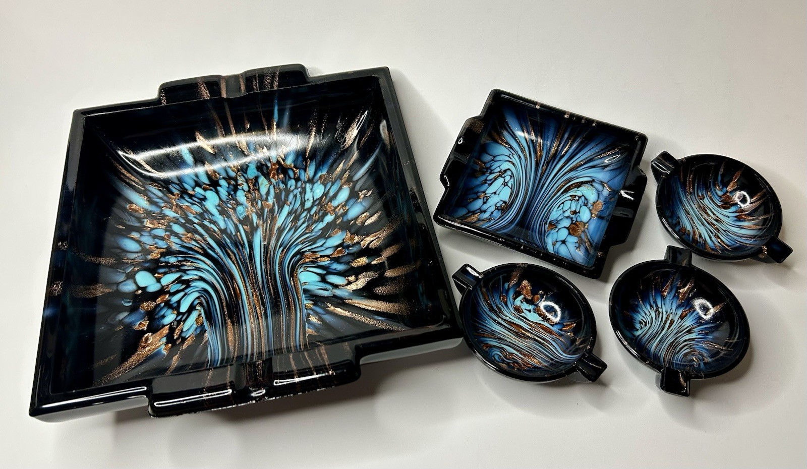 V.  Nason & C. Blue Black Avventurina Murano Art Glass Bowl Ashtray Set (5)