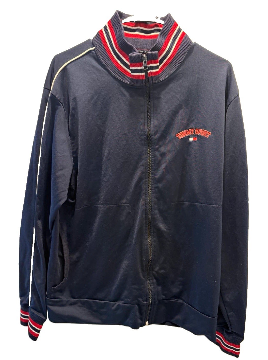 VTG Tommy Jeans Sport Track Jacket Mens Large Navy Blue Red Stripe Collar 2002⁠