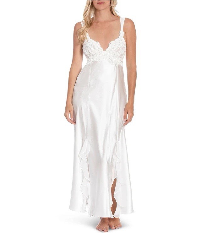 Vintage InBloom by Jonquil White Satin Lace Embroidered bridal night gown Medium