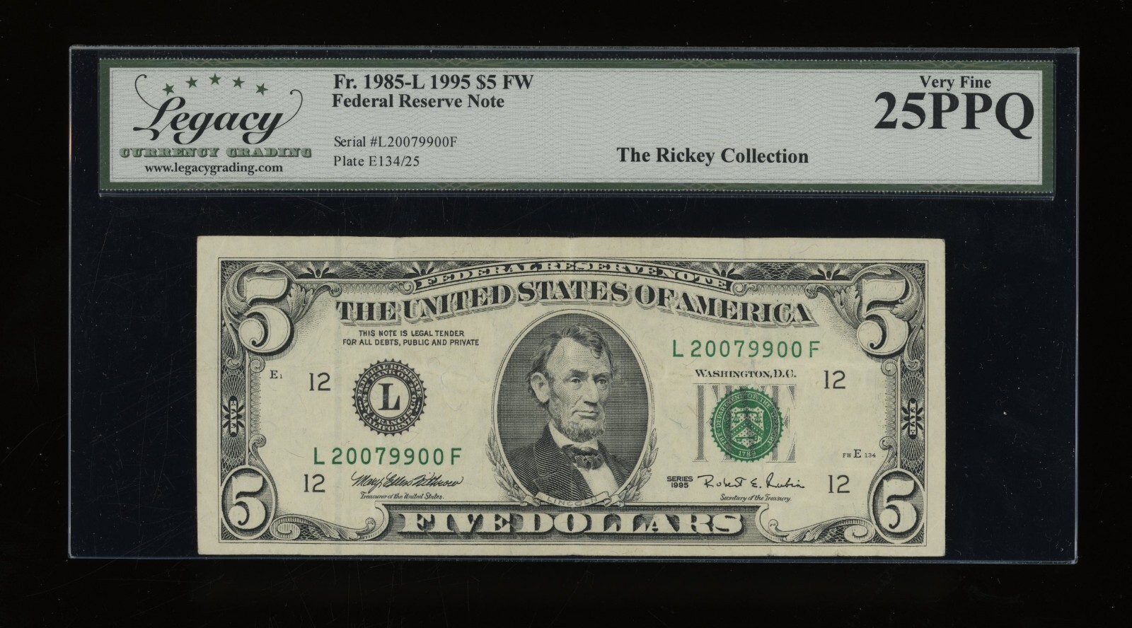 DBR 1995 $5 San Francisco Fr. 1985-L Legacy 25 PPQ Serial L20079900F