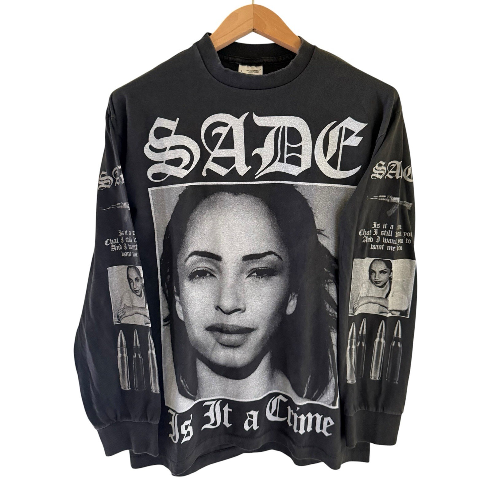 Vtg Sade Is It A Crime Gun Bullets 80s Band Tour Long Sleeve Shirt REPRINT Large