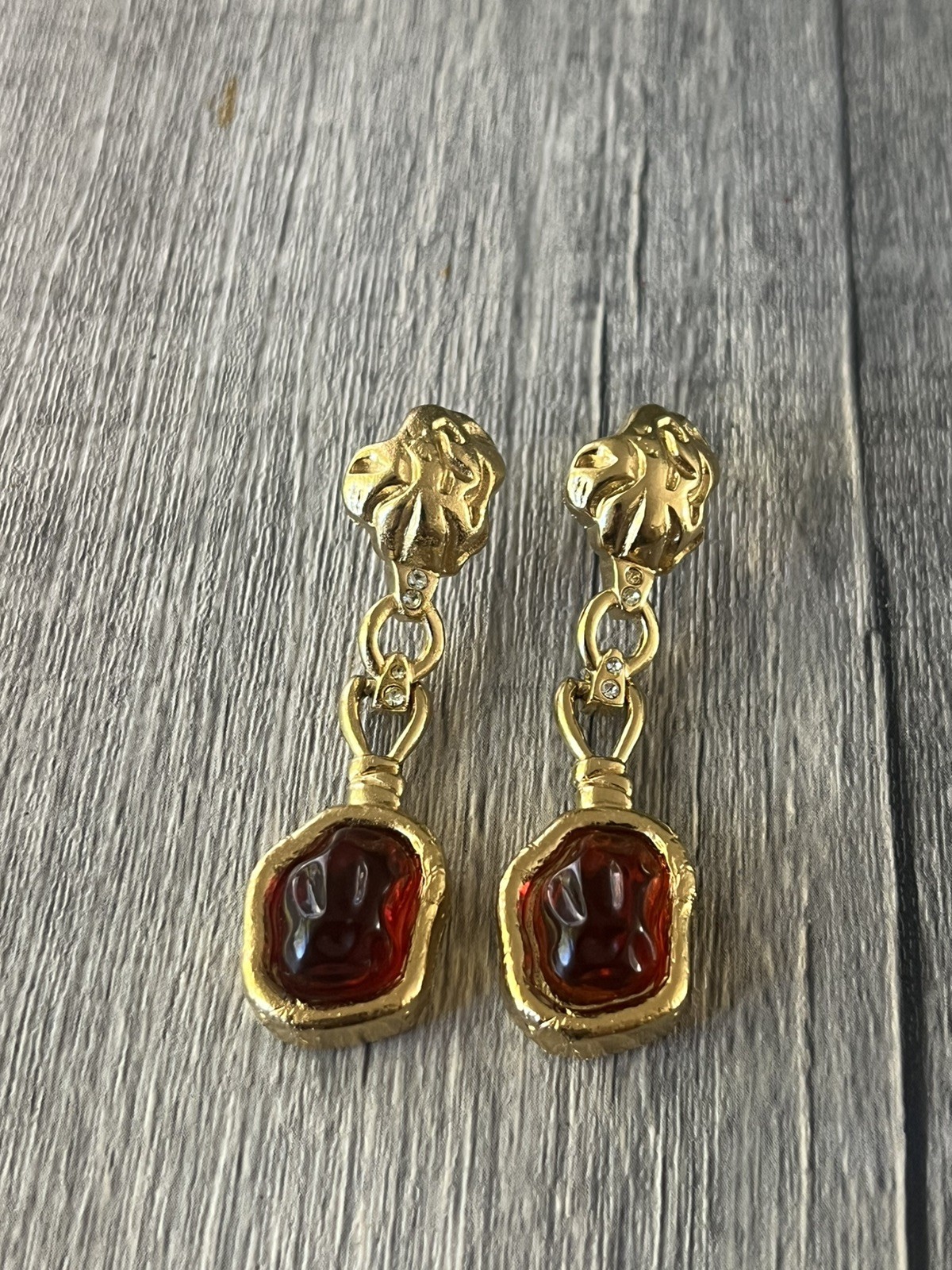 Vintage GIVENCHY Molten Gold Tone Drop Earrings Red Amber Cabochon Signed 