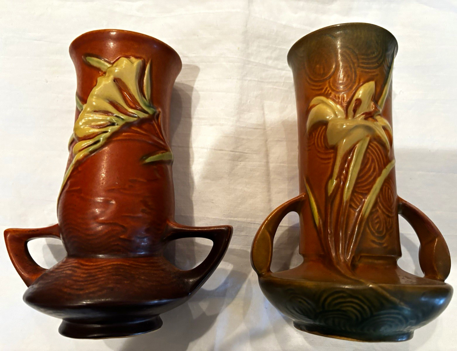 Vintage Roseville Zephyr Lily Brown & Green and Freeia Tangerine Pottery 