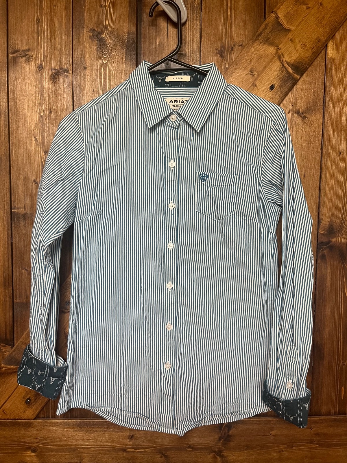 Ariat REAL Fitted Button Down Shirt Teal Striped Women’s Small