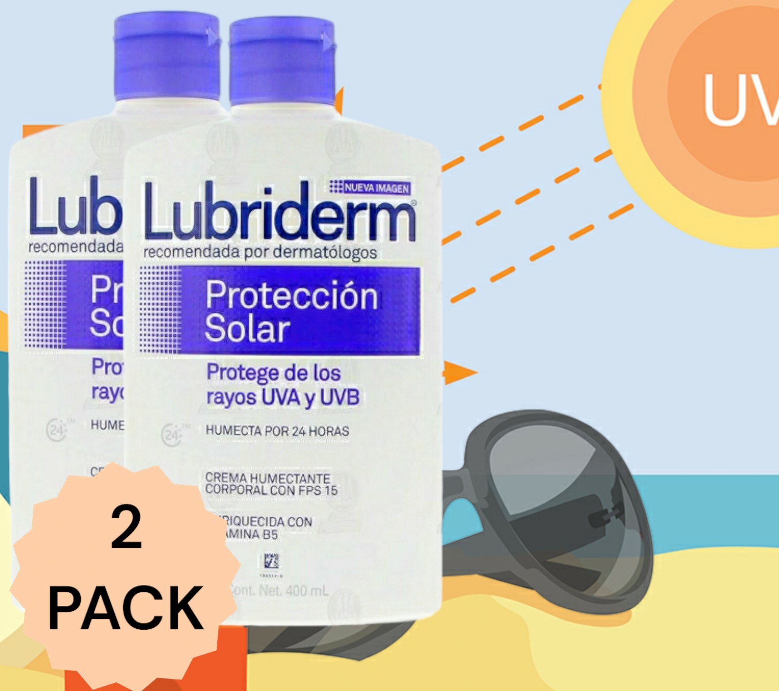 2X Lubriderm Body Cream UV 15 Sun Protection, 400 ml. FREESHIPPING  