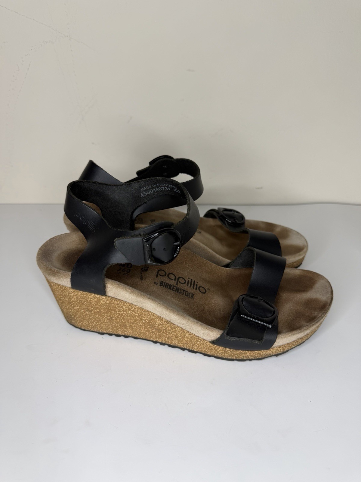 Papillio by Birkenstock Soley Black Leather Wedge Strappy Buckle Sandals Women 9