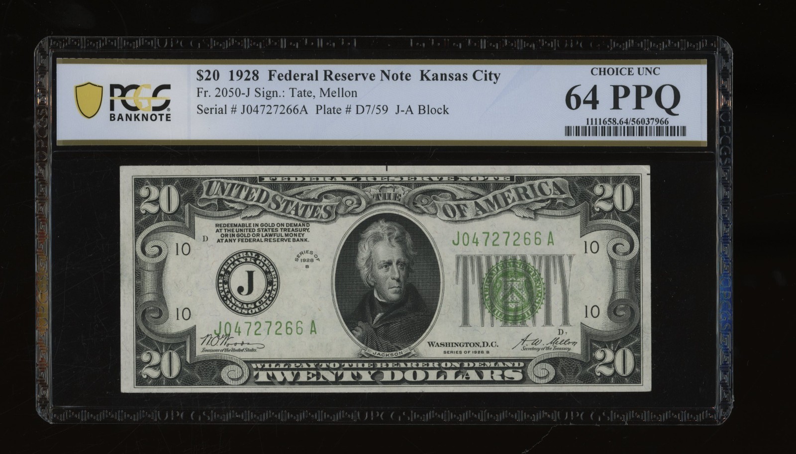 DBR 1928 $20 FRN Kansas City Numeral Fr. 2050-J PCGS-B 64 PPQ Serial J04727266A
