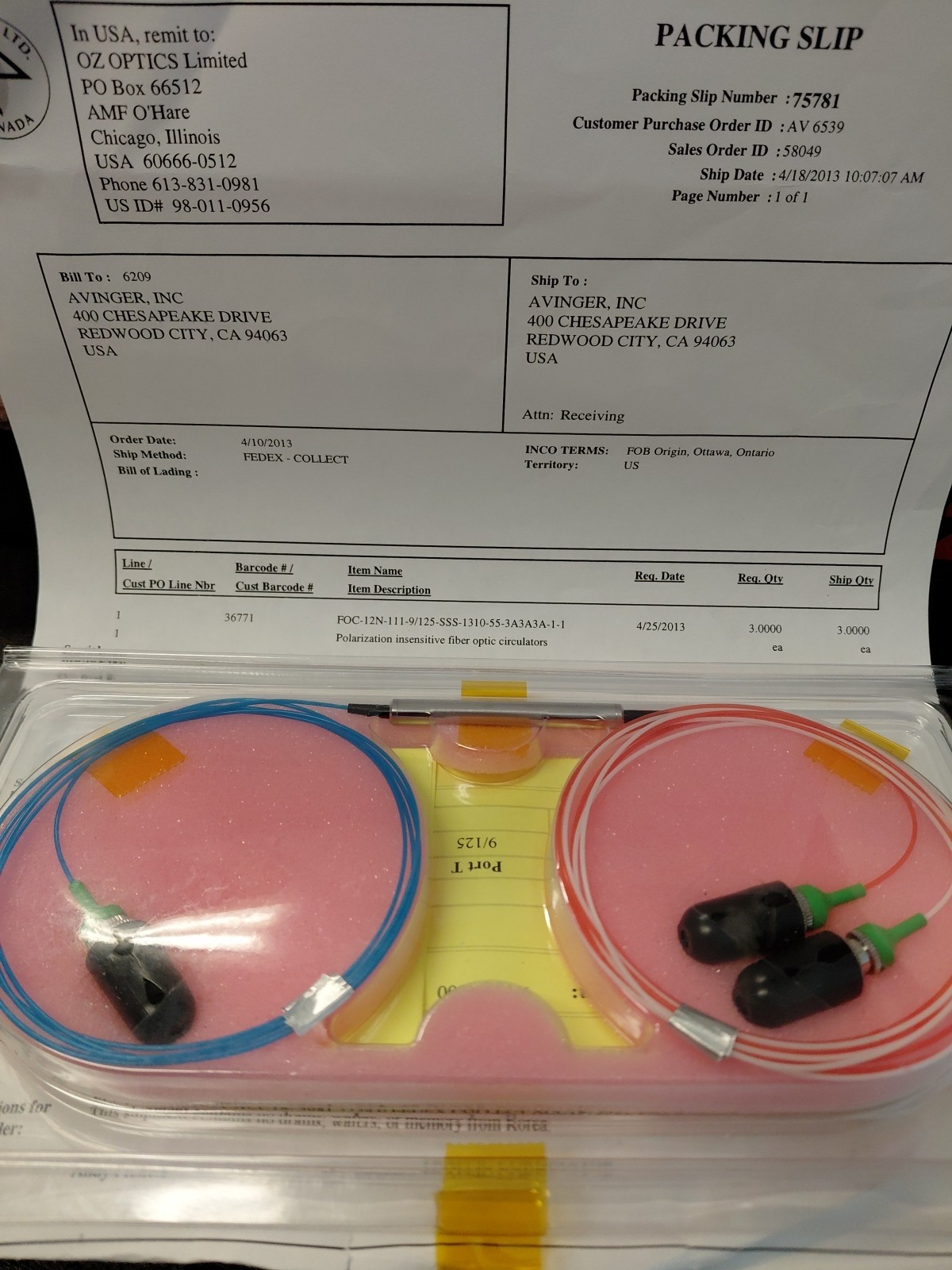 OZ Optics FOC-12N-111-9/125-SSS-1310-55-3A3A3A3A-1-1 Fiber Optic Circulator...