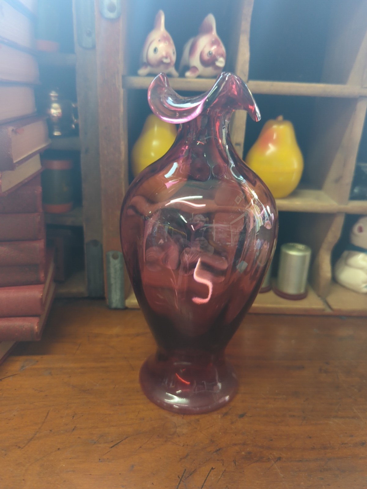 Vintage Fenton Cranberry Glass Ruffle Top Vase Vintage Fenton Cranberry Glass Ruffle Top Vase