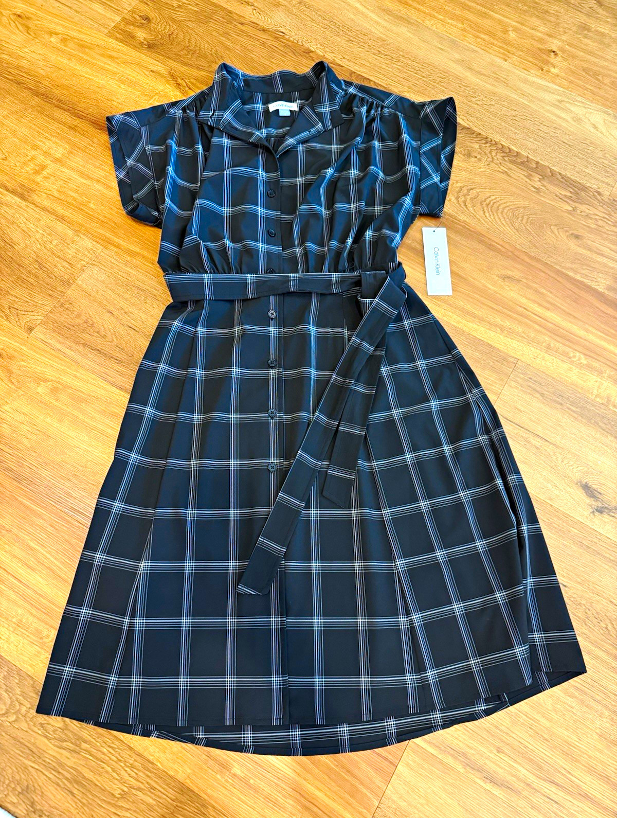 Calvin Klein Women\'s Black/White Plaid Collared Button Shirt Dress Belted 10