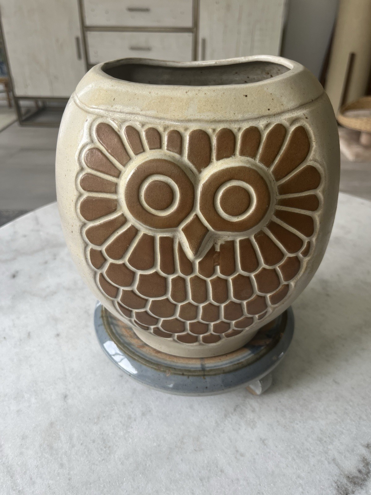 Vintage Studio Pottery Owl Planter Vase MCM Retro Ceramic Brown Cream