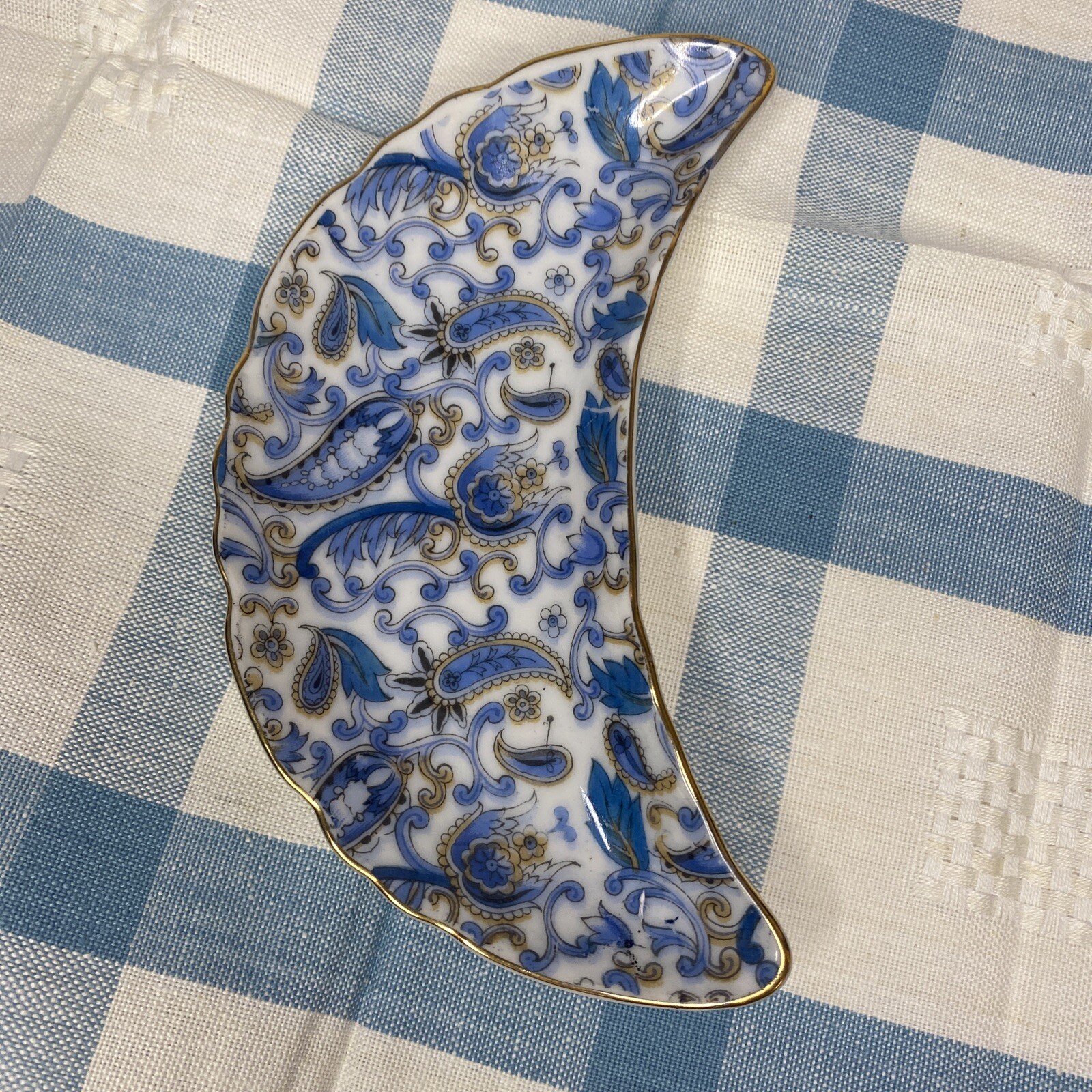 Vintage Lefton China Blue & Gold Paisley Crescent Bone Dish