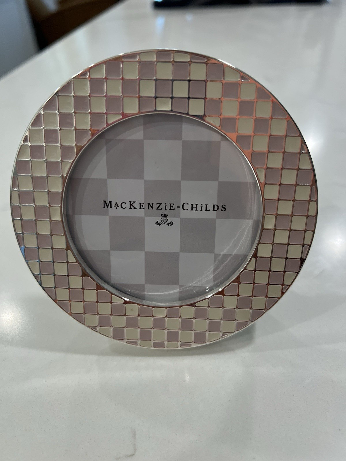 NEW Mackenzie Childs Celebrate Rosy Pink & White Round Shaped Picture Frame