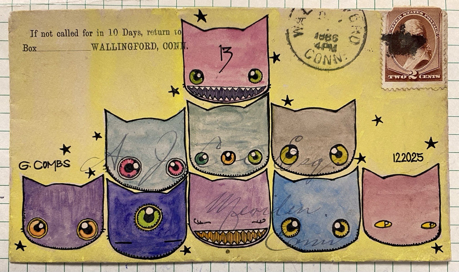 original ink watercolors pop surrealism 1886 sent mail 9 cats cat kitten art
