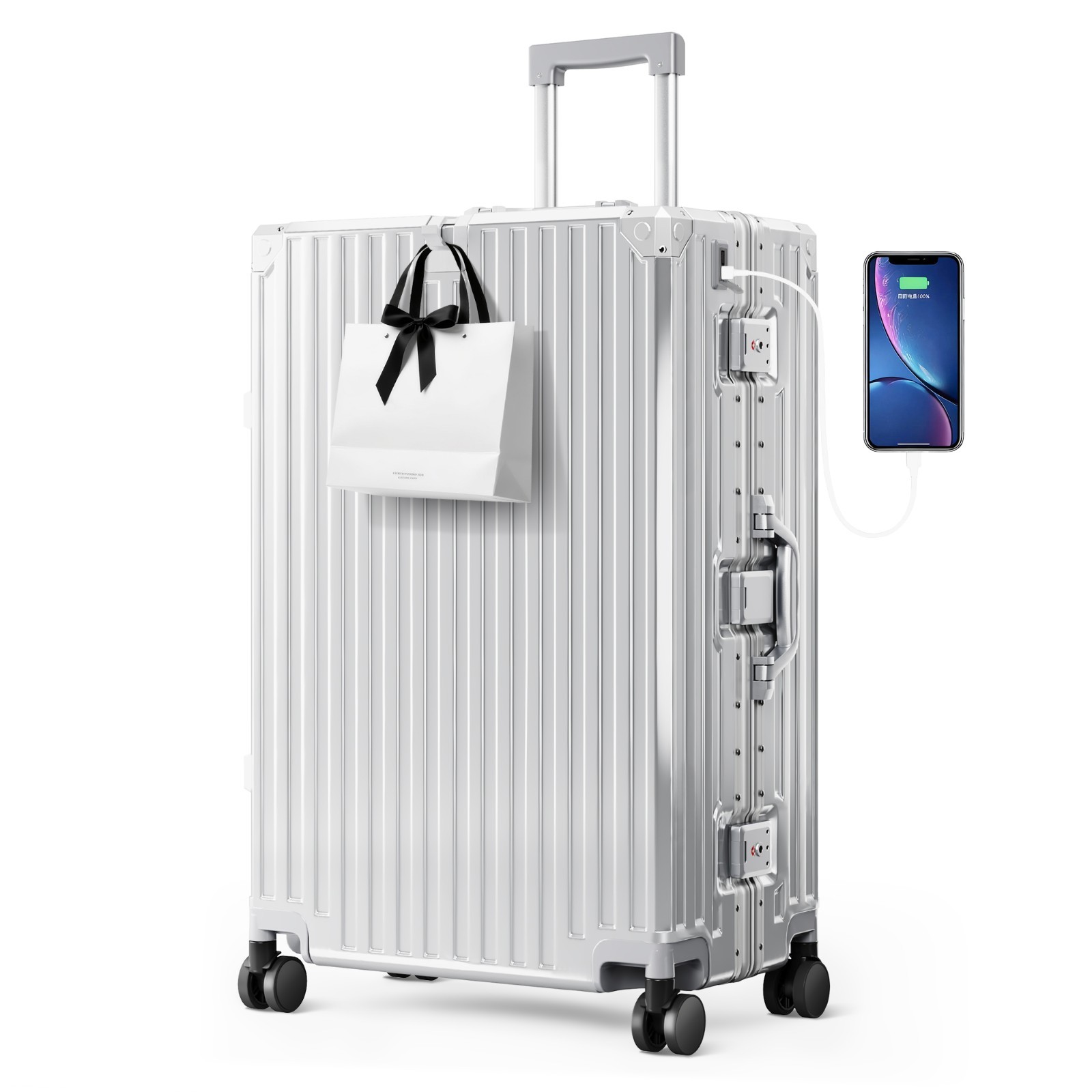Large Aluminum Framed Suitcase Carry-On Luggage Travel Suitcase TSA USB Port