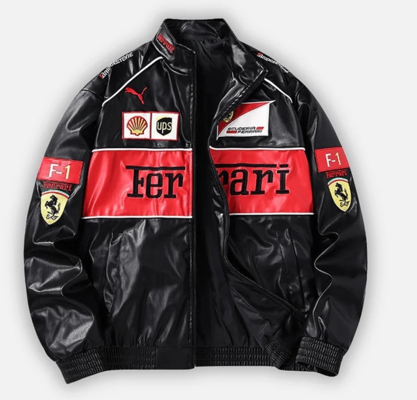 Trendy F1 Ferrari PU Leather Vintage Racing Jacket Embroidered Unisex Red/White