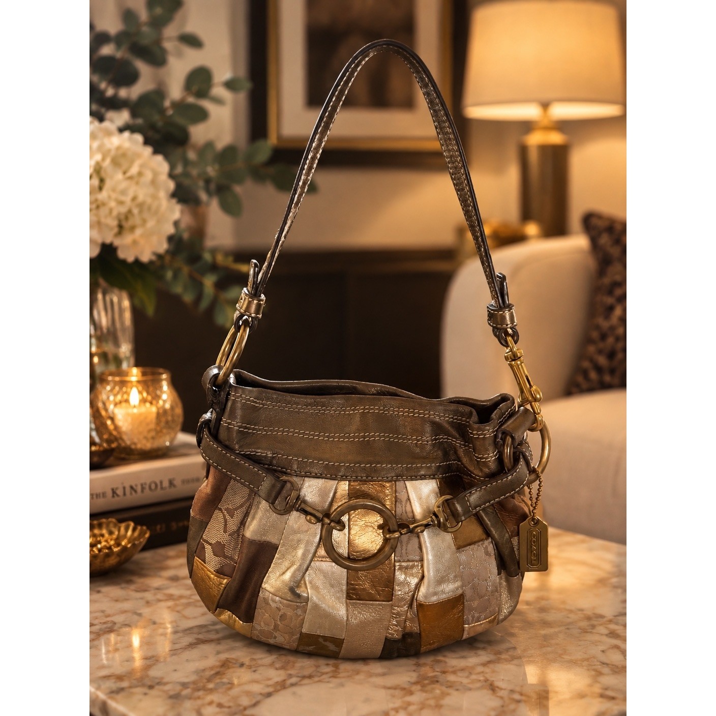 Vintage 2006 Coach Mosaic Patchwork Small Hobo 3572 Metallic Gold Bronze Y2K