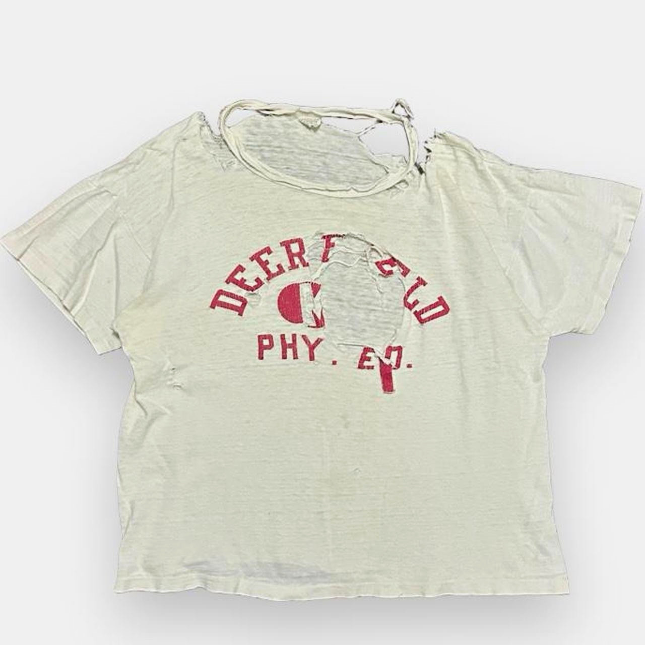 Vintage 1960s Champion Products Inc Tag Thrashed Deerfield Phys Ed Tee Medium