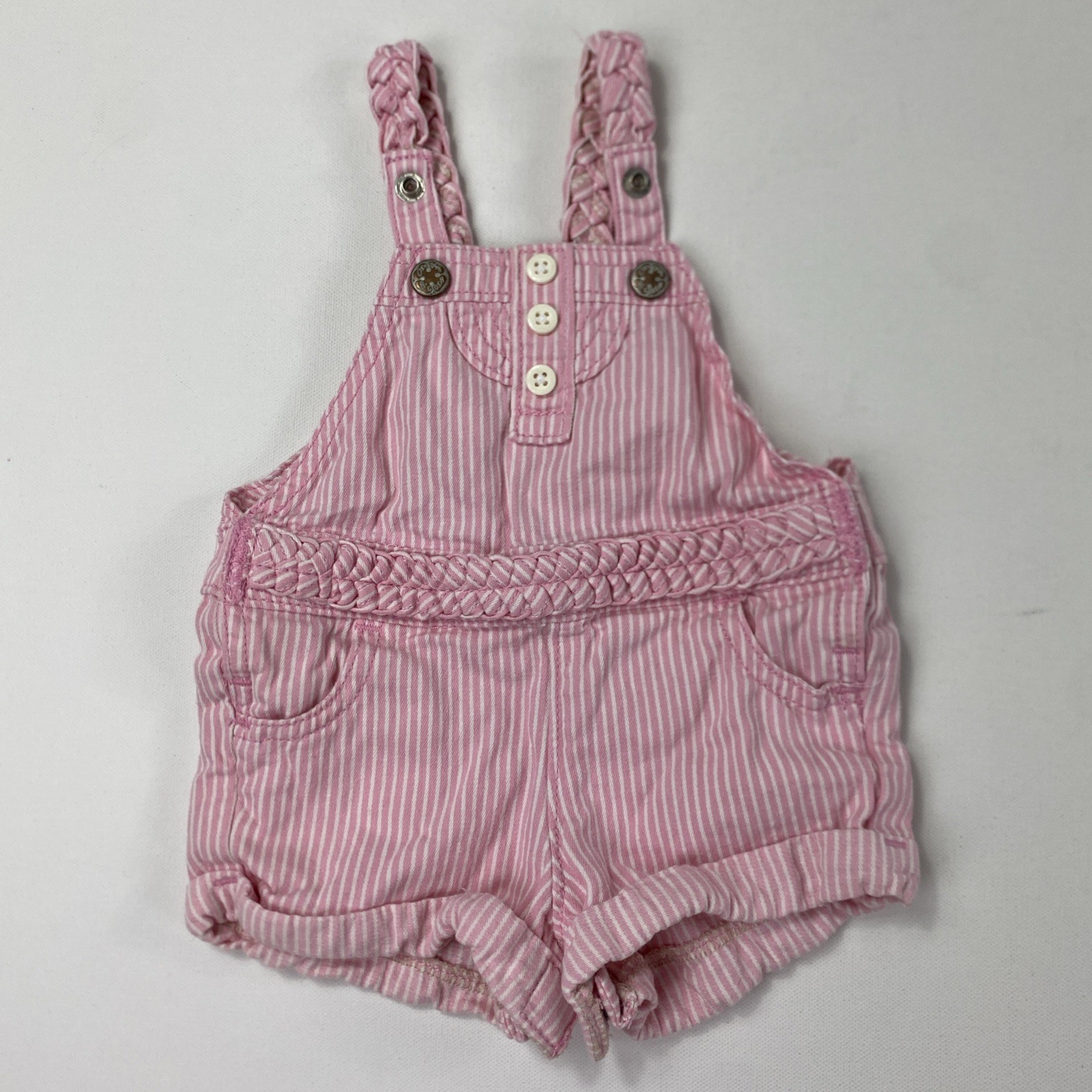 RARE Vintage OshKosh B\'gosh Girls 6 Month Braided Denim Overalls Pink Striped