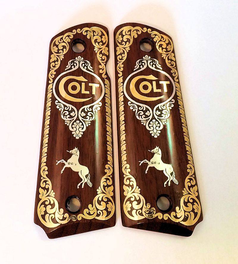 COLT 1911 full size custom wood grips gold silver rampant horse logo Scroll 